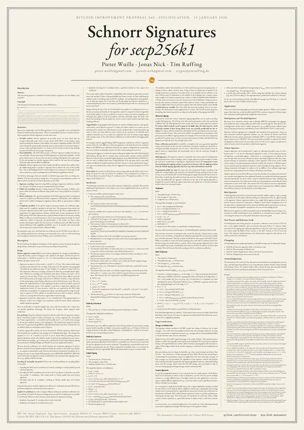 Poster of “BIP 340: Schnorr Signatures for secp256k1”: the text in four columns
