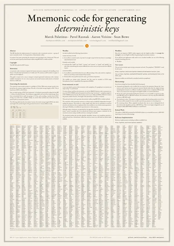 Poster of “BIP 39: Mnemonic code for generating deterministic keys”: the text in three columns