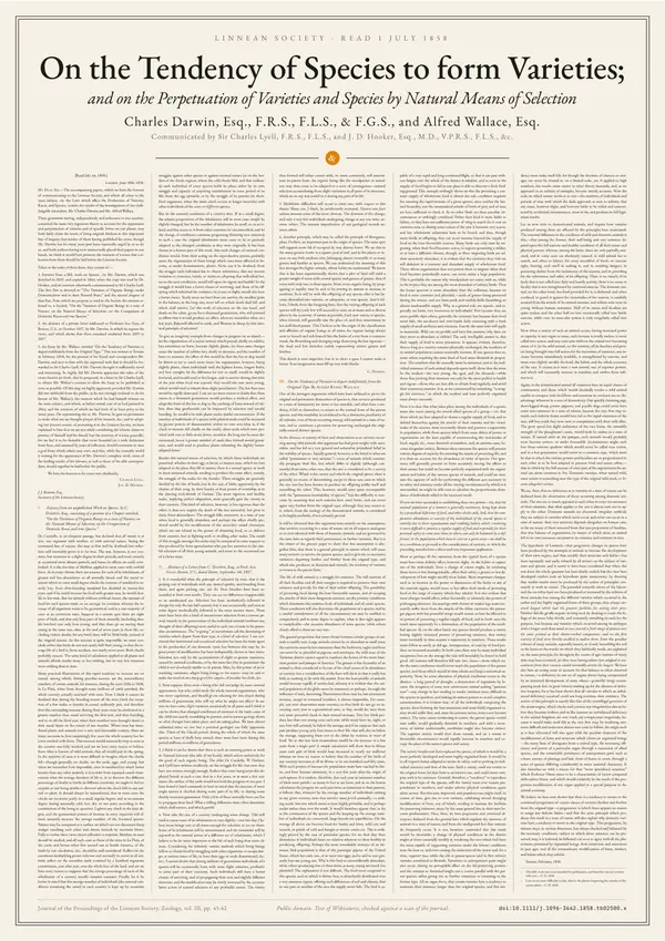 Poster of “On the Tendency of Species to form Varieties; and on the Perpetuation of Varieties and Species by Natural Means of Selection”: the text in five columns