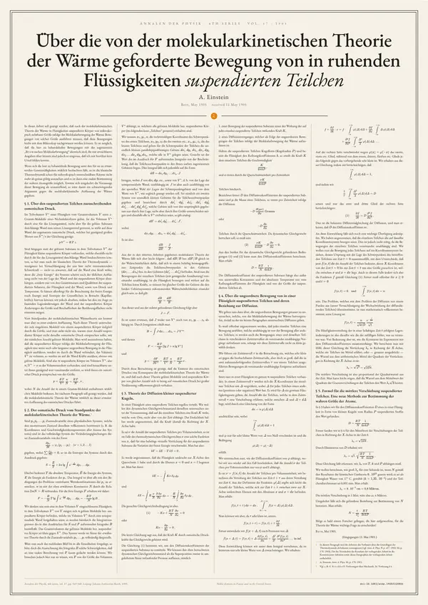 Poster of “Über die von der molekularkinetischen Theorie der Wärme geforderte Bewegung von in ruhenden Flüssigkeiten suspendierten Teilchen”: the text in four columns