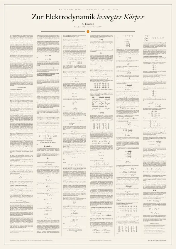 Poster of “Zur Elektrodynamik bewegter Körper”: the text in six columns