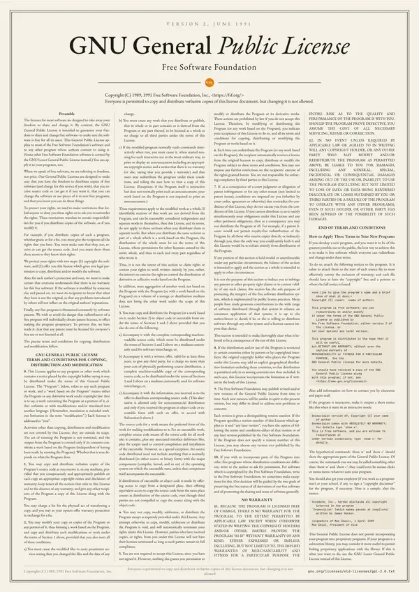 Poster of “GNU General Public License, Version 2”: the text in four columns