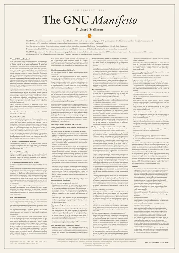 Poster of “The GNU Manifesto”: the text in four columns