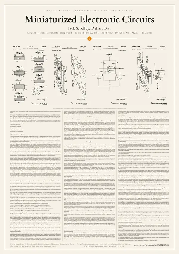 Poster of “Jack S. Kilby: Miniaturized Electronic Circuits, US Patent 3,138,743”: a large image at the top, the text in three columns below