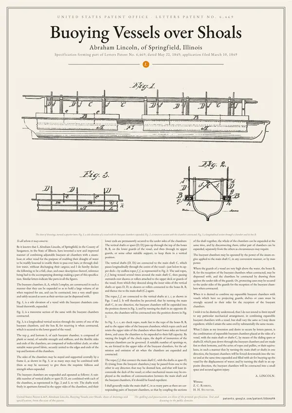 Poster of “Abraham Lincoln: Buoying Vessels over Shoals, US Patent 6,469”: a large image at the top, the text in three columns below