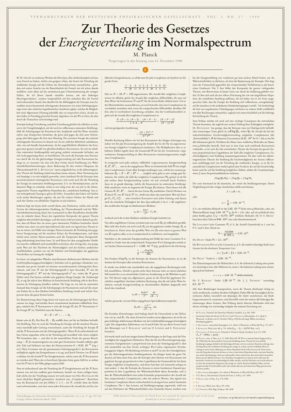 Poster of “Zur Theorie des Gesetzes der Energieverteilung im Normalspectrum”: the text in three columns