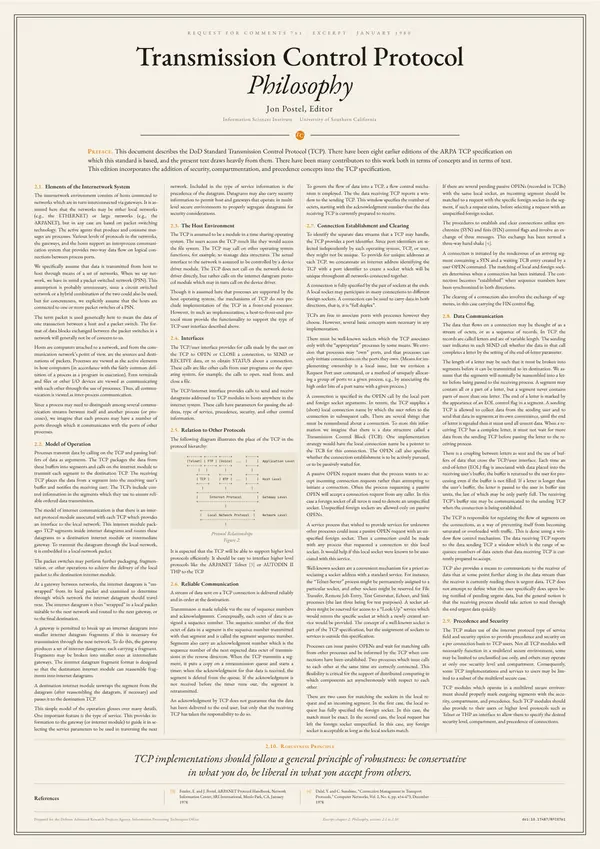 Poster of “RFC 761: The Robustness Principle”: the text in four columns