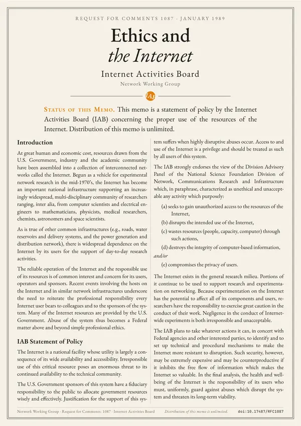 Poster of “RFC 1087: Ethics and the Internet”: the text in two columns