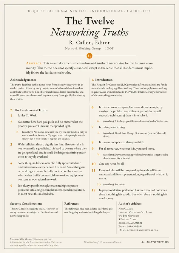 Poster of “RFC 1925: The Twelve Networking Truths”: the text in two columns