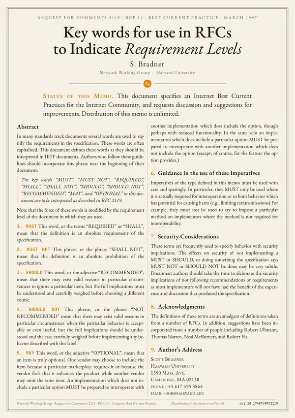 Poster of “RFC 2119: Key words for use in RFCs to Indicate Requirement Levels”: the text in two columns