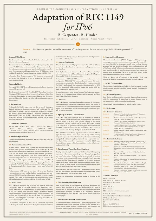 Poster of “RFC 6214: Adaptation of RFC 1149 for IPv6”: the text in three columns