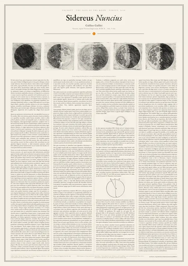 Poster of “Sidereus Nuncius: the Moon”: a large image at the top, the text in four columns below