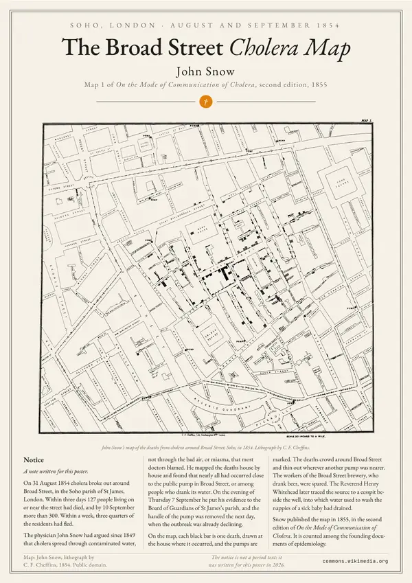 Poster of “John Snow: the Broad Street cholera map”: a large image at the top, the text in three columns below
