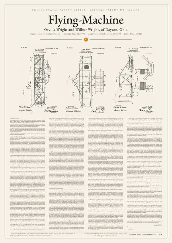 Poster of “Orville and Wilbur Wright: Flying-Machine, US Patent 821,393”: a large image at the top, the text in four columns below