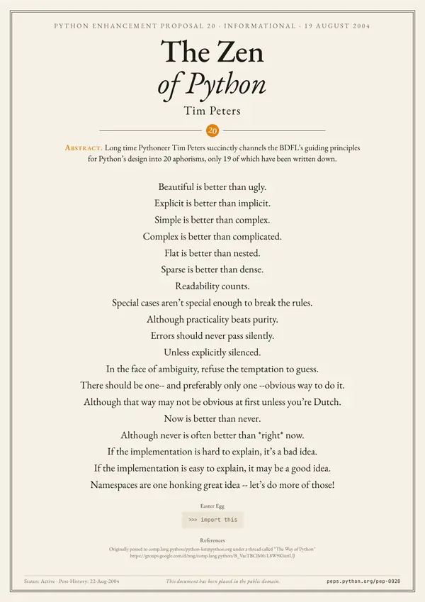 Poster of “PEP 20: The Zen of Python”: the text centered on the page